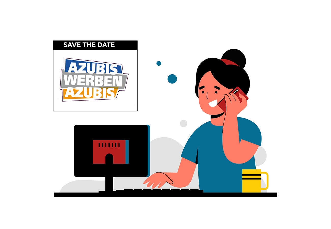 Grafik einer Frau am Computer mit Handy am Ohr und Hinweis auf Azubis werben Azubis